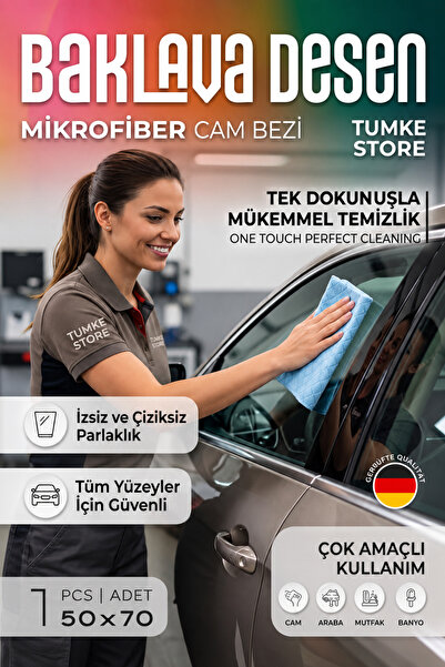 TUMKE Mikrofiber Cam Bezi -Baklava Desenli Oto, Mutfak ve Banyo Temizlik Bezi...