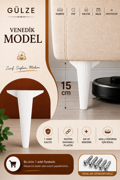 GÜLZE (15 cm) BEYAZ Renk VENEDİK Model Mobilya Ayağı (Mobilya Ayağı, Dolap, K...