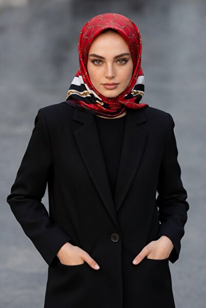 Vissona %100 Twill İpek Zincir Desenli Kırmızı - Siyah Renkli 90x90 Eşarp Ken...