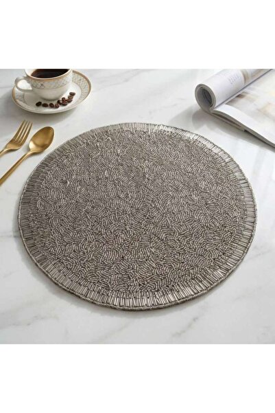 PAN HOME مفرش طاولة مزين بالخرز من أرتيزا - قطر 38 سم - فضي