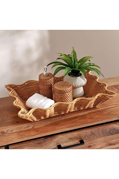 PAN HOME صينية دييا من البلاستيك والروطان 60x39.5x11 سم - بني