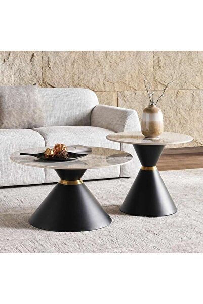 PAN HOME Rocco Set Of 2 Coffe Table Sintered Stone Top Black & White