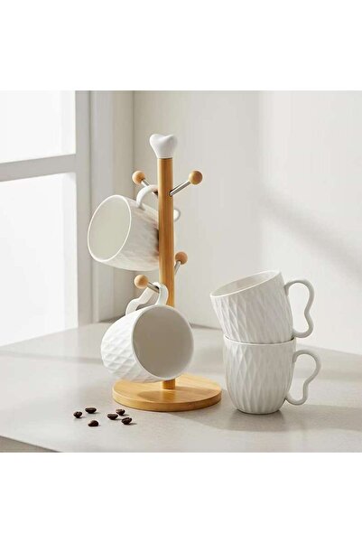 PAN HOME Jaris 4-piece Porcelain Mug With Mug Tree 300ml -white