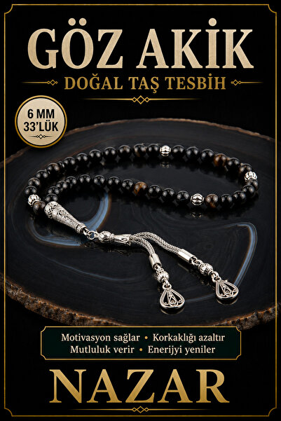 OSMANLI DEĞERLİ TAŞ Sertifikalı Göz Akik Doğal Taş Tesbih 6 Mm, T200