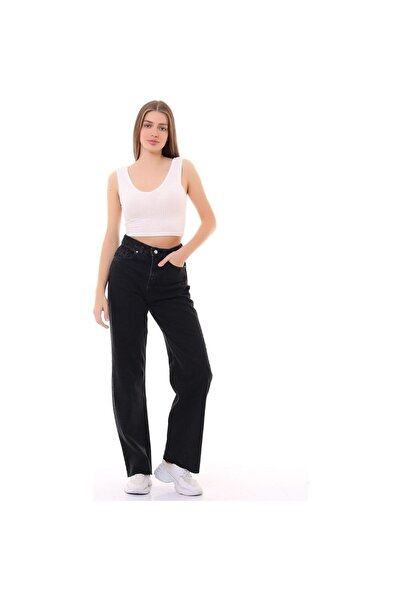 mooishan Blugi negri de damă cu picioare largi drepte, pantaloni palazzo negr...
