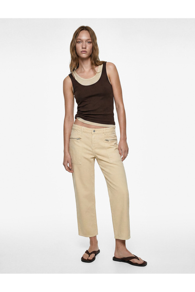 Koton Cotton Low Waist Pocketed Baggy Trousers with Zipper Detail