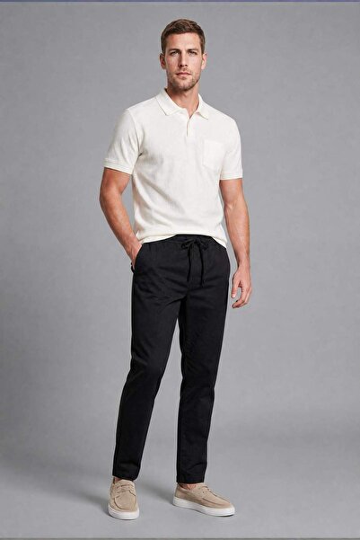 DeFacto Linen Blend Elastic Lace-Up Waist Regular Fit Black Trousers H8853Ax26Sm