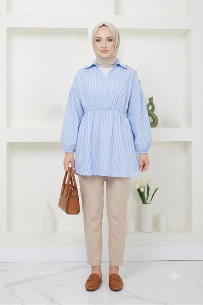 EnModa Women's White Striped Satin Hijab Shirt with Elastic Waist and Button ...