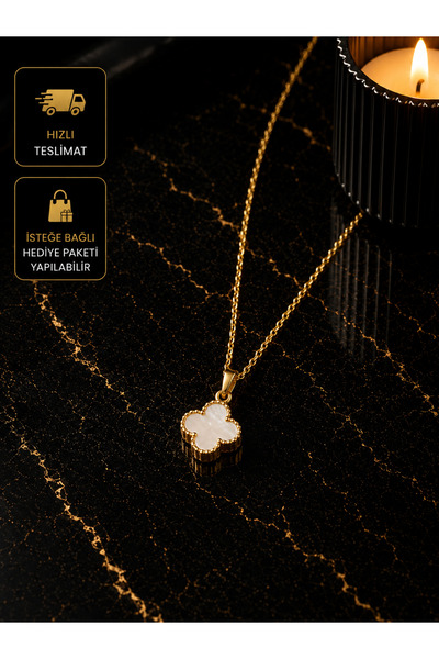 PURE BERRY MİNİMAL YONCA BEYAZ RENK GOLD ÇELİK KOLYE