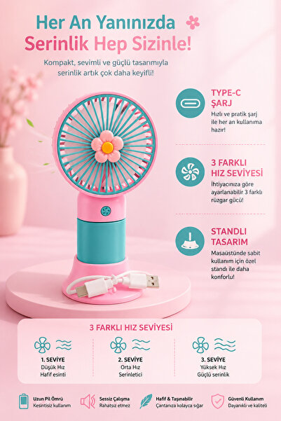 Genel Markalar Papatya Figürlü Pembe Taşınabilir Standlı Serinletici Fan 3 Hı...