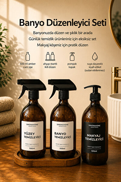 Simona Home Bathroom Organizer Set with Wooden Stand, Black Label Makeup Remo...