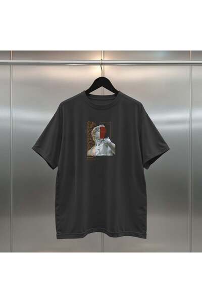 buzagi tasarım ürünleri Sculpture Digital Print Oversize Unisex Black T-Shirt