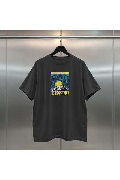 buzagi tasarım ürünleri I'M Possible Digital Print Oversize Unisex Black T-Shirt