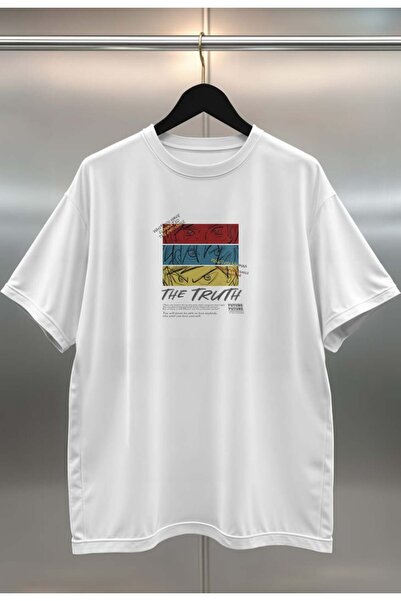 buzagi tasarım ürünleri The Truth Digital Print Oversize White Unisex T-Shirt