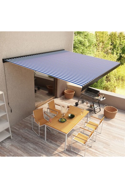 Concept Copertină manuală tip casetă, albastru și alb, 400 x 300 cm