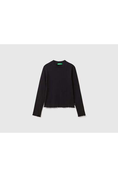 United Colors of Benetton تي شيرت قطني بأكمام طويلة وياقة عالية للبنات