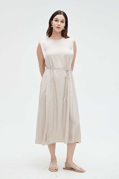 Nichii Women's Solid Midi Dress with Waist Tie