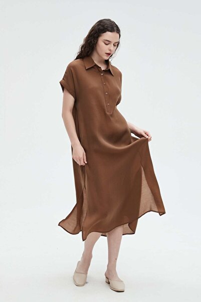 Nichii Women's Solid Midi Dress with Half Sleeves, Collar, and Buttons
