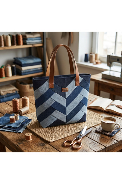MAVİCENZA Kadın Patchwork Denim Tote Çanta – Özel Tasarım Kot Omuz Çantası