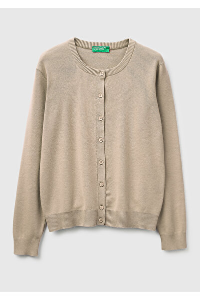 United Colors of Benetton Women's Stone 100% Cotton Buttoned Round Neck Cardigan