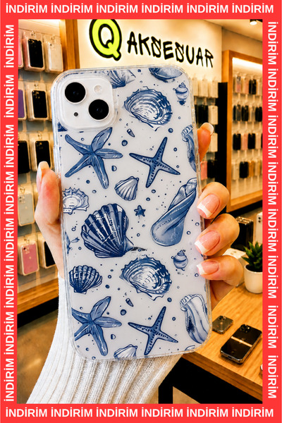 Q Aksesuar iPhone 13 / 14 / 15 Uyumlu Şeffaf Kılıf Deniz Yıldızı Desenli Darb...