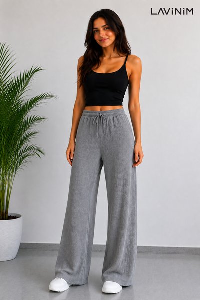 FVTEKSTİL Women's Elastic Waist Wrinkled Fabric Summer Palazzo Trousers