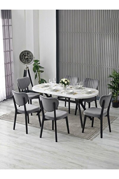 JoyMassa NOVA BEYAZ YEMEK MASASI TAKIMI (6 ADET ELMA SANDALYE/ 90X170 CM YEME...