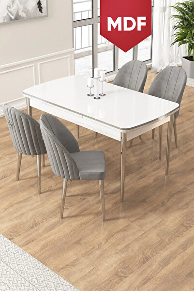 Canisa Edaf Serisi MDF 80x132 Açılabilir Beyaz Mutfak Masa Takımı 4 Gri Sanda...