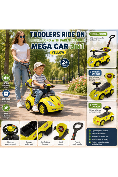 Bebelul Masinuta copii Ride-on Mega Car 3 in 1 cu maner parental si bara prot...