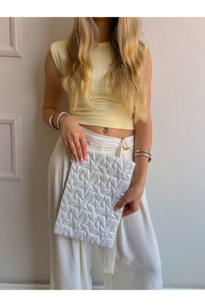 Lilivo Bags Star Yıldız Desenli Parlak Portföy & Clutch Çanta -Beyaz