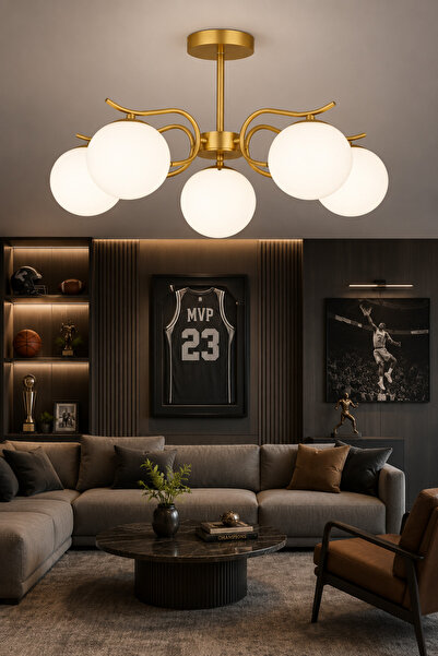 ESSLİGHT Alara 5’li eskitme Beyaz Camlı Modern Salon Mutfak Yatak Odası Avizesi