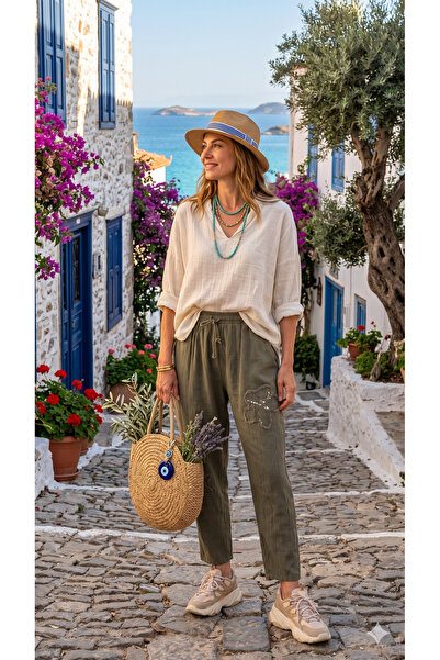 shE tekstil Lanene pantalone sa cvetnim šljokicama
