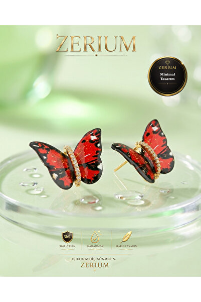 ZERİUM Women's Steel Butterfly Earrings with Acrylic Effect 3D Butterfly Seri...