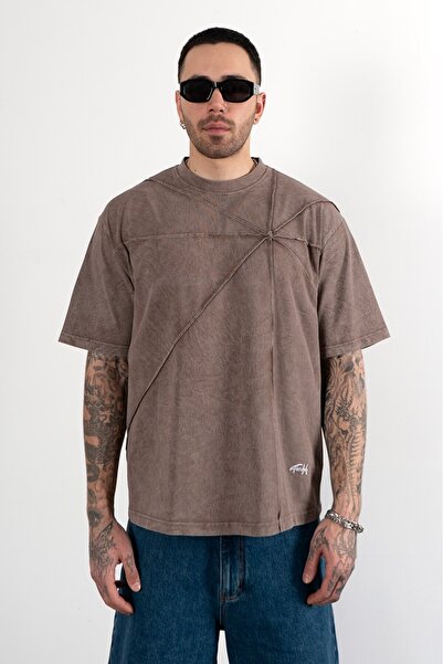 THE DAD Tricou supradimensionat pentru bărbați, maro, cu aspect acid-washed ș...