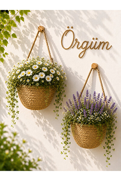 ÖRGÜM Sepet Mini Dekoratif Çiçeklik 2'Li Organizer 12x10 Cm ( BİTKİLER VE ASK...