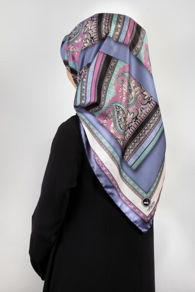 VİOLLA Twill Şal Desenli İndigo Renkli 90x90 Eşarp (İpek İçermez) Kenar Dikiş...