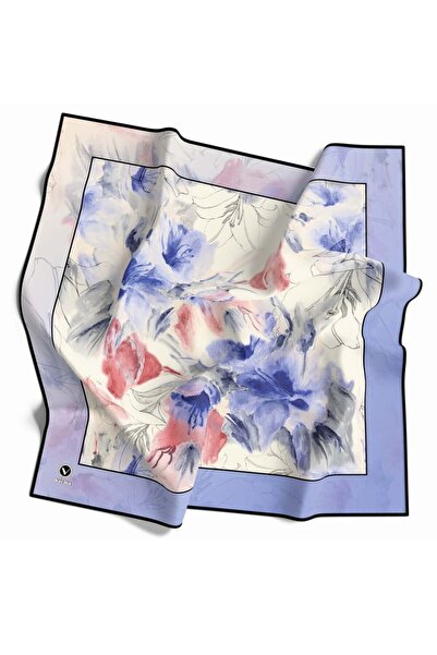 VİOLLA Soft Twill Suluboya Çiçek Desenli İndigo Mavisi Renkli 90x90 Eşarp (İp...