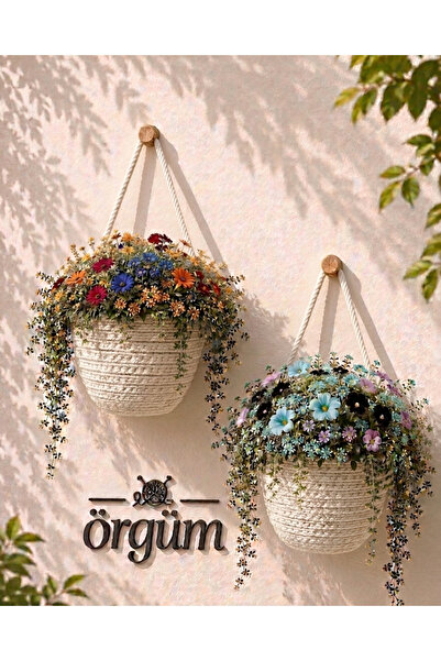 ÖRGÜM Sepet Dekoratif Mini 2'li Çiçeklik 12x10 cm BİTKİLER VE ASKILAR DAHİL D...