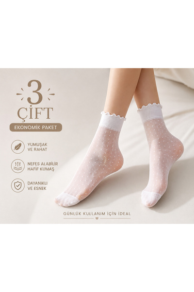 VENTURA STORE 3 çift Şeffaf Fırfırlı Puantiyeli Ayak Bileği Çorap Ultra İnce ...