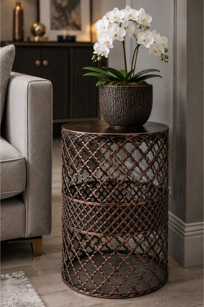 VENON Çap 30 Cm || Home Metal Modern Sehpa (300x480) Siyah Bakır Patine