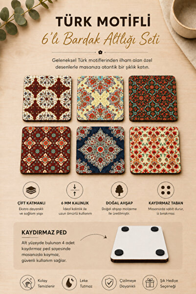 caps Turkish Motifs Themed 10 X 10 cm Set of 6 Coasters