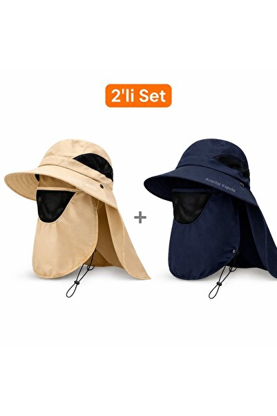 Mustran 2'li Set Güneş Korumalı Sök Tak Maskeli Enseli Güneş Şapkası Unisex O...
