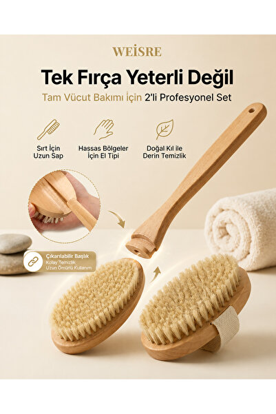 Weisre Doğal Kıl Vücut Fırçası Seti Uzun Saplı ve El Tipi Kuru Fırçalama Selü...