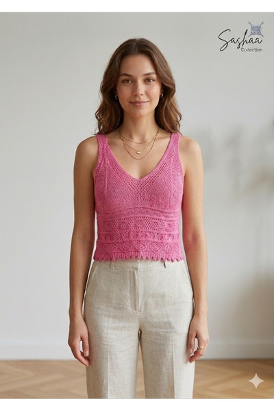 Sashaa Collection ajurlu askılı dantel detaylı crop bluz