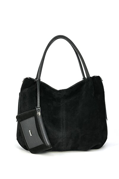 VOSTRO 100% Genuine Leather Women's Black Suede Hand and Shoulder Bag - Handm...