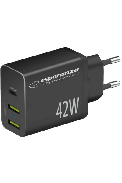ESPERANZA Încărcător rapid EZC106K 42W USB-C/ 2x USB-A Negru