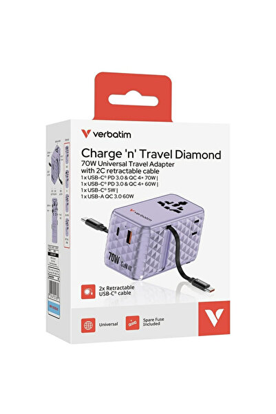 Verbatim GaN 2 cabluri retractabile USB-C 1x USB-C USB-A 70W Violet