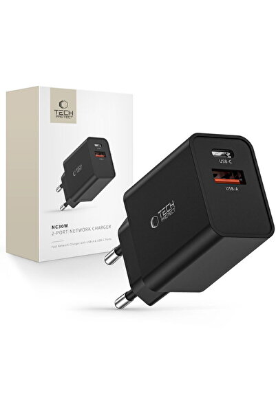 Tech-Protect NC30W 1xUSB-A + 1xUSB-C PD QC3.0 30W Negru