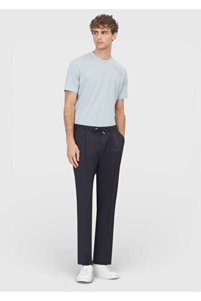 Ramsey Dark Navy Blue Plain Woven Jogging Fit Casual Wool Blend Trousers