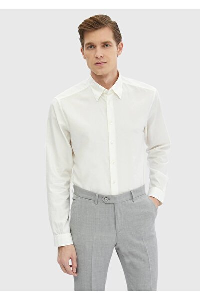 Ramsey Εκρού Απλό Casual Fit Μακρύ Υφαντό Πουκάμισο από Βαμβακερό Μείγμα